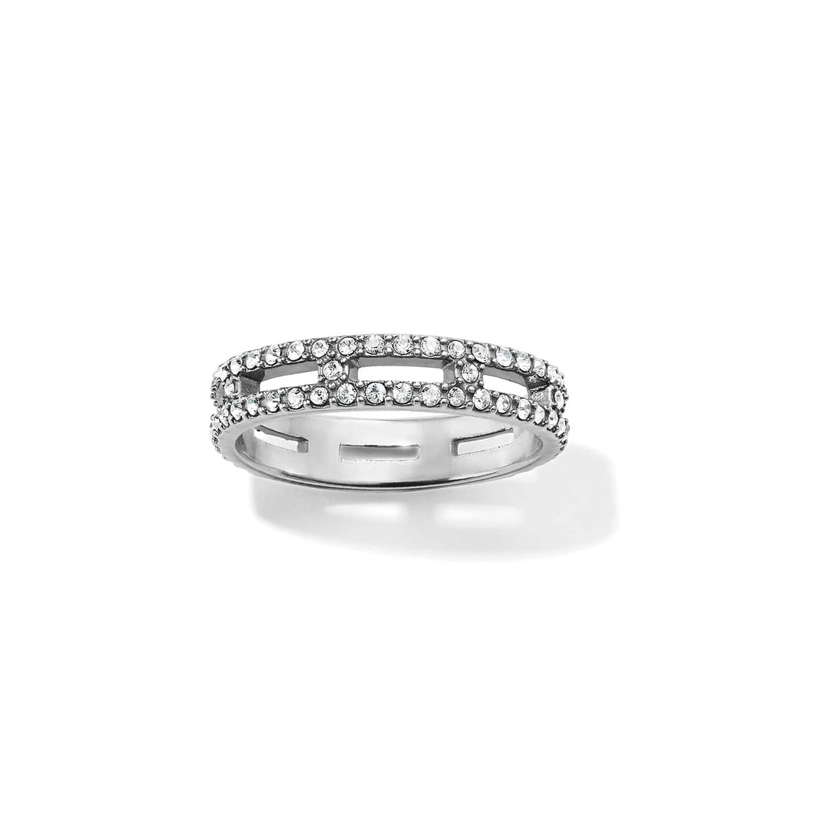 Brighton silver-plated band ring with open rectangular links and pavé crystal accents on a white background