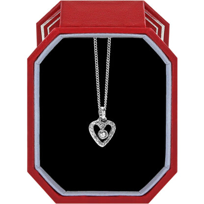 Brighton silver-plated heart pendant necklace with fine quality crystals in a red gift box on a white background