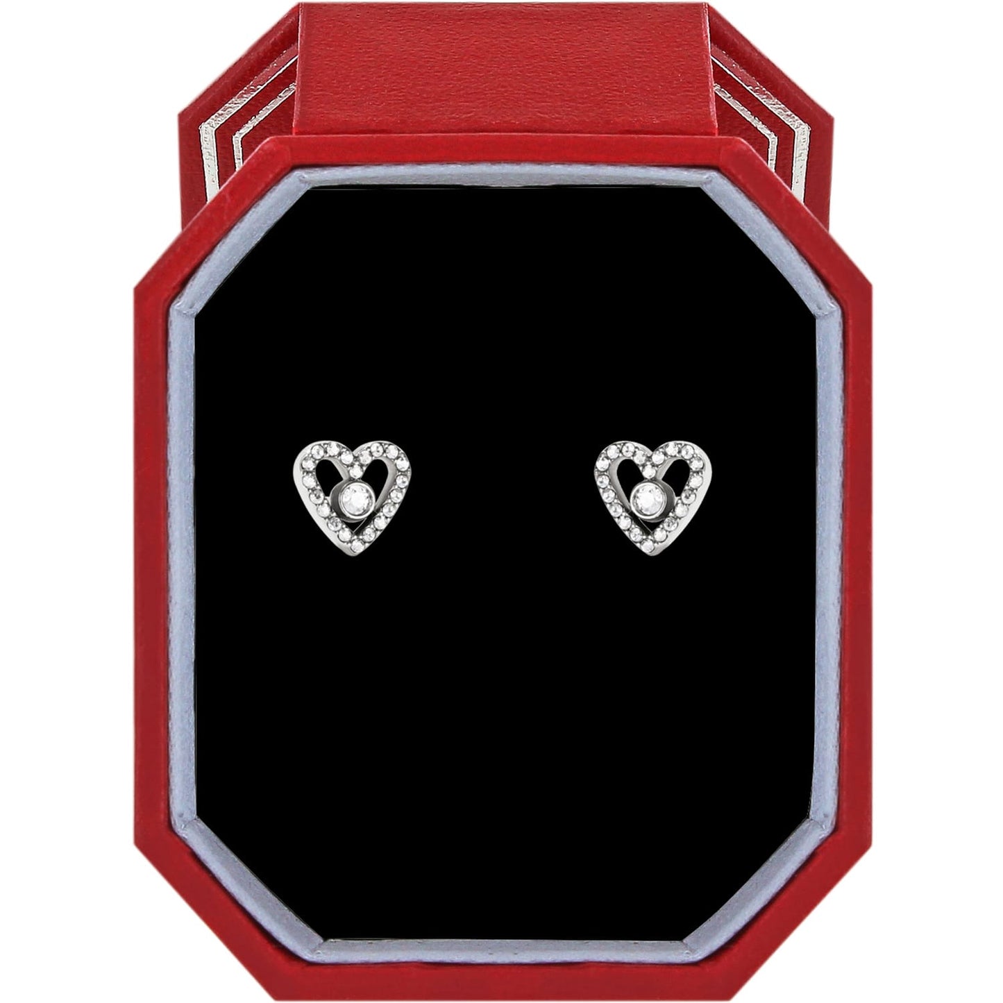 Brighton silver-plated heart stud earrings with crystal accents displayed in a red gift box on a white background