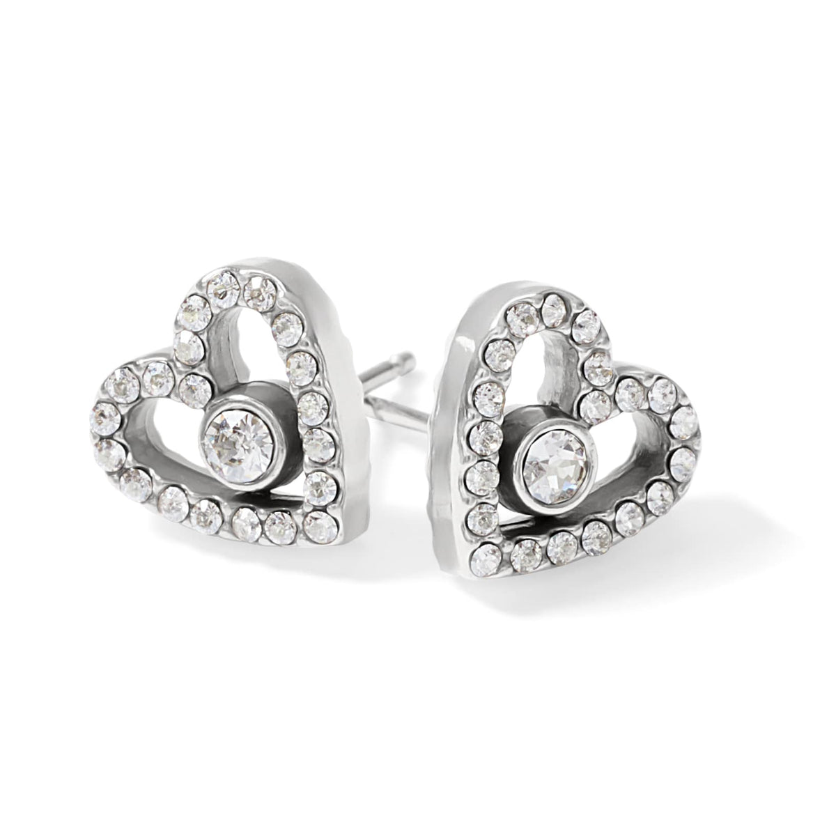 Brighton heart stud earrings with silver-plated finish and crystal pavé outlines around center crystals on a white background