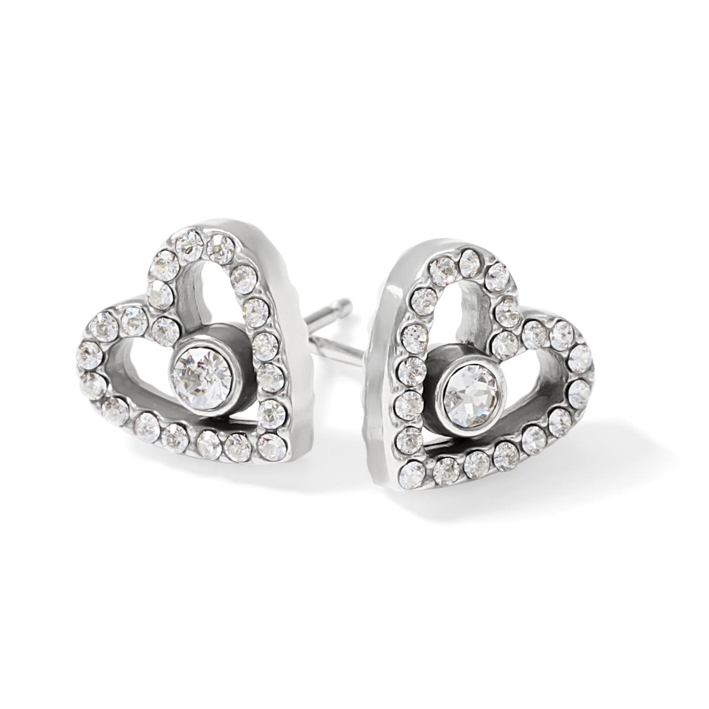 Brighton heart stud earrings with silver-plated finish and crystal pavé outlines around center crystals on a white background