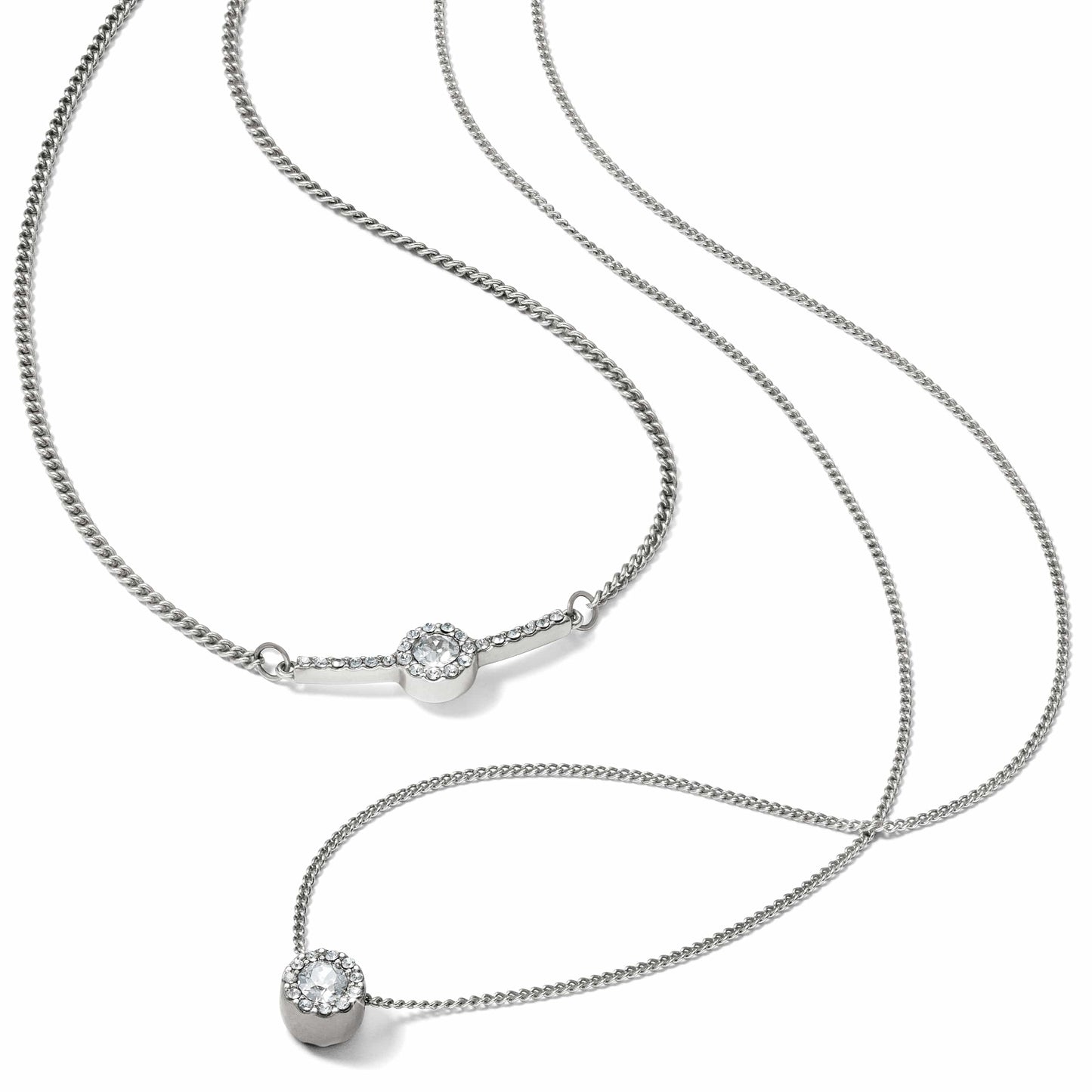 Brighton layered chain necklace with two silver-tone crystal halo pendants and curb chain on a white background