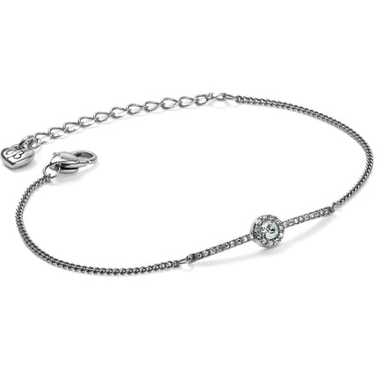 Brighton bracelet with silver-plated chain, crystal-lined bar, and round crystal centerpiece with lobster clasp on a white background