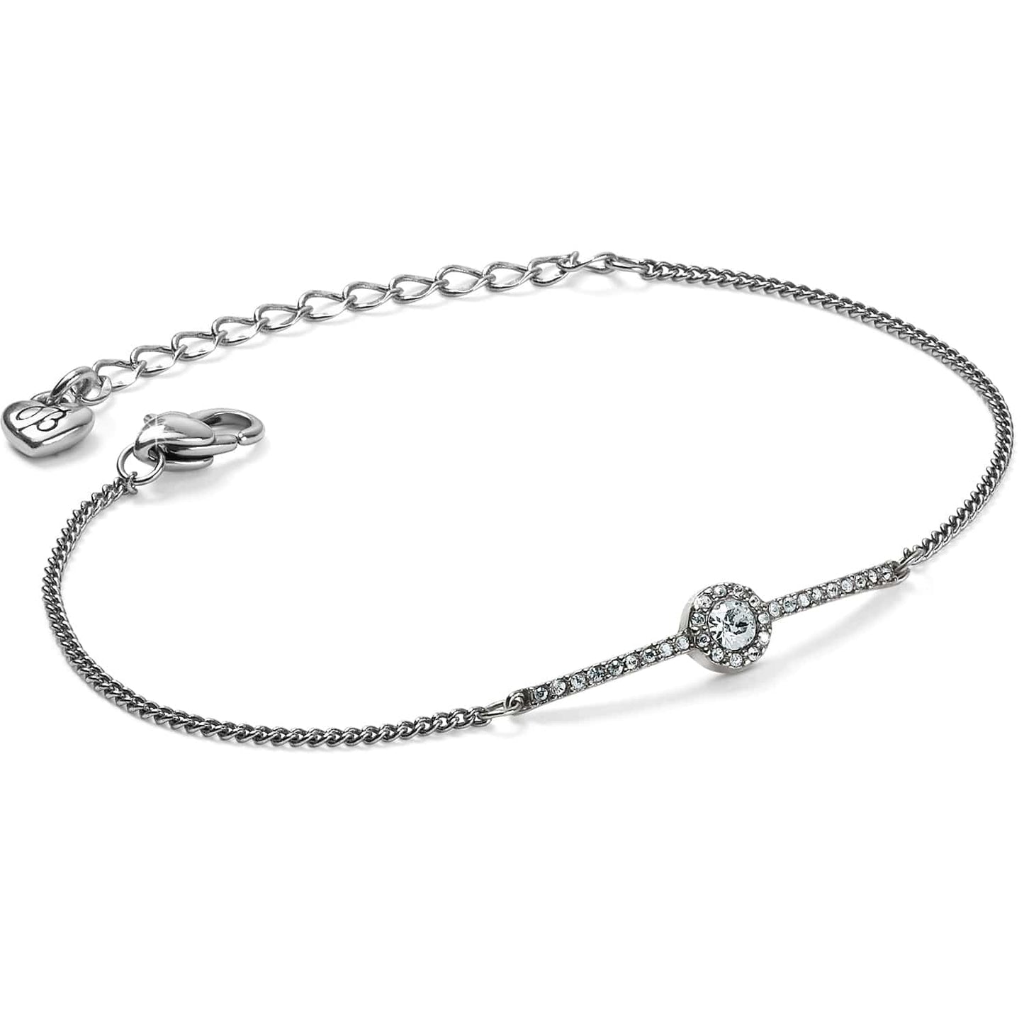 Brighton bracelet with silver-plated chain, crystal-lined bar, and round crystal centerpiece with lobster clasp on a white background