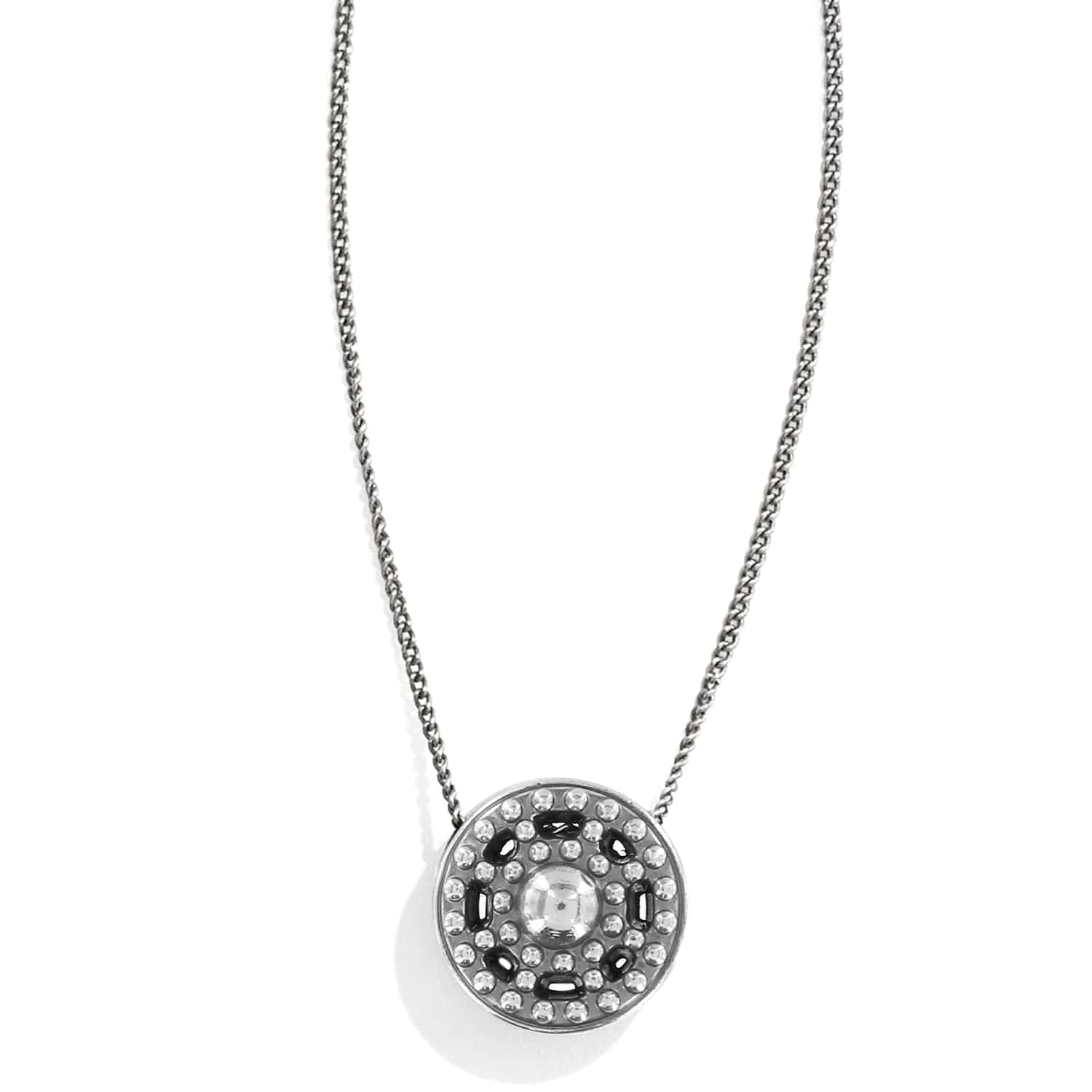 Brighton pendant necklace with silver-plated round medallion featuring beaded texture and dark accents on a white background