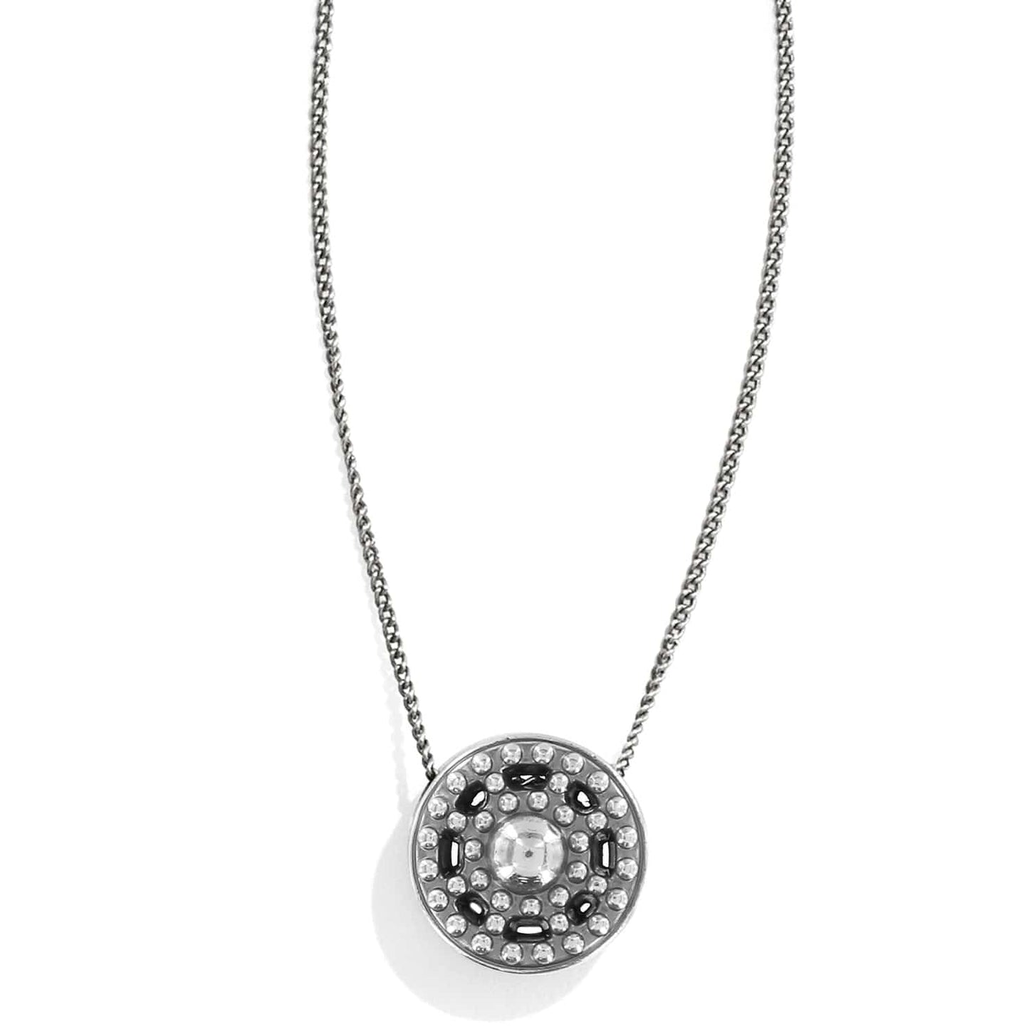Brighton pendant necklace with silver-plated round medallion featuring beaded texture and dark accents on a white background