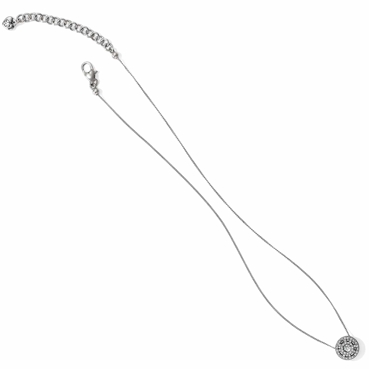 Brighton pendant necklace with silver-plated chain, adjustable clasp, and round crystal pavé pendant on a white background