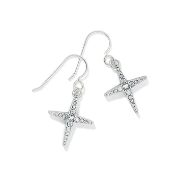Brighton drop earrings with silver-plated cross charms and pavé crystal accents on a white background