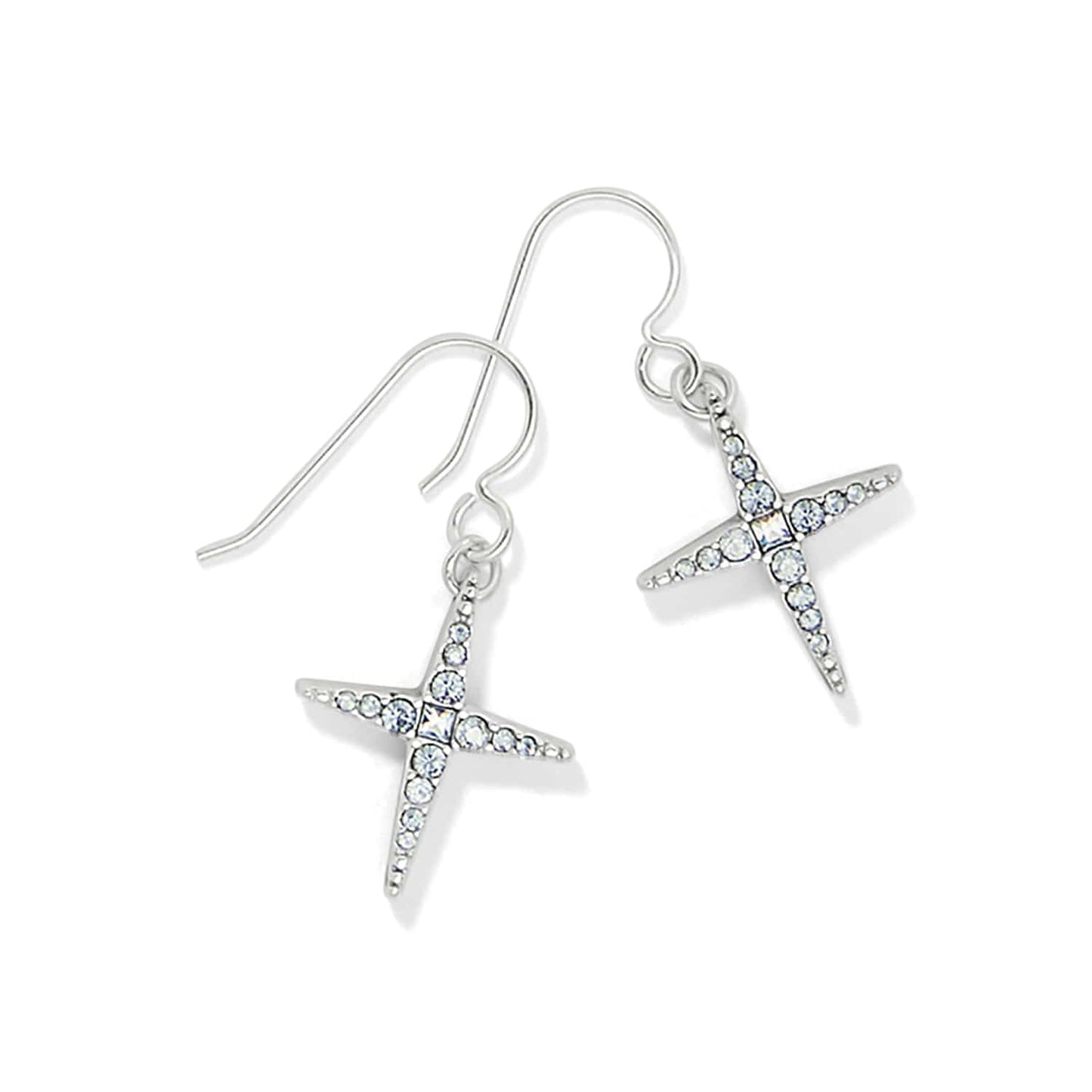 Brighton drop earrings with silver-plated cross charms and pavé crystal accents on a white background