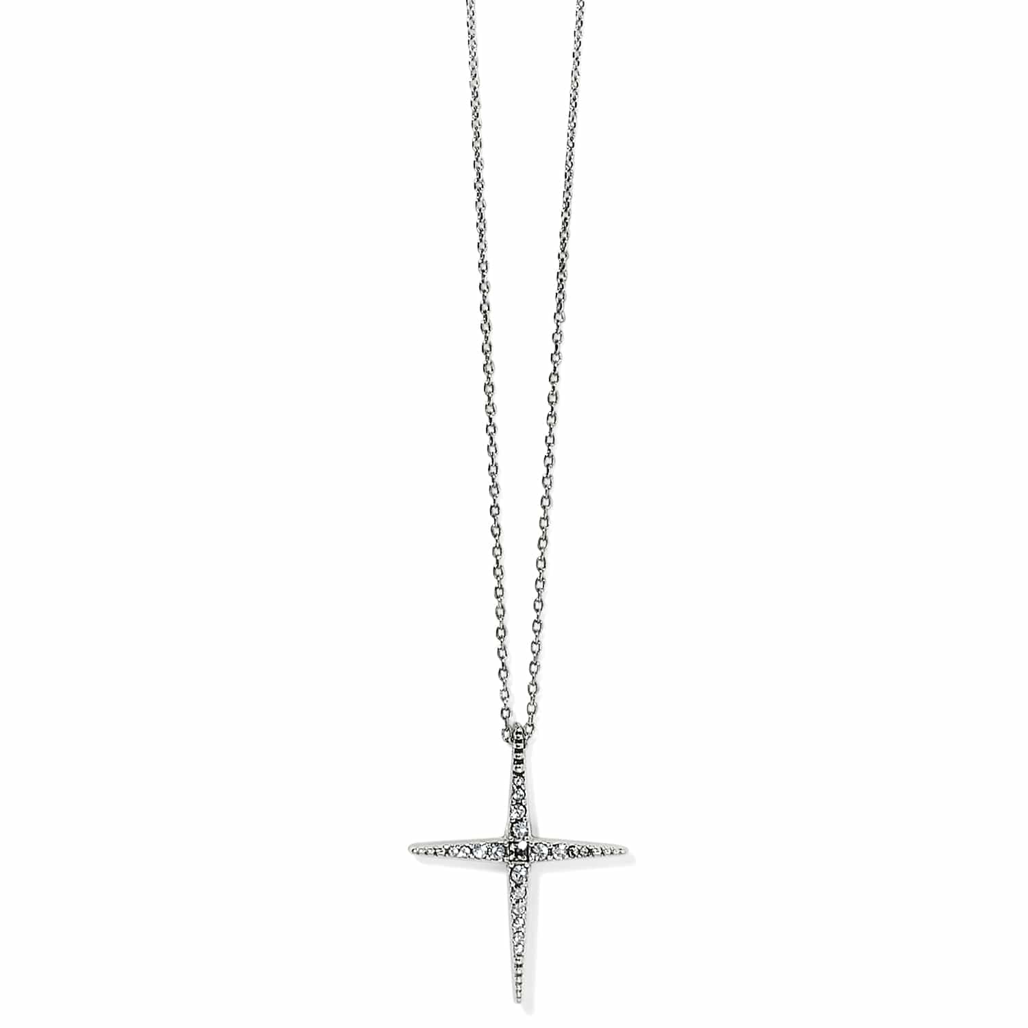 Brighton pendant necklace with silver-plated cross featuring pavé crystals on a delicate chain on a white background