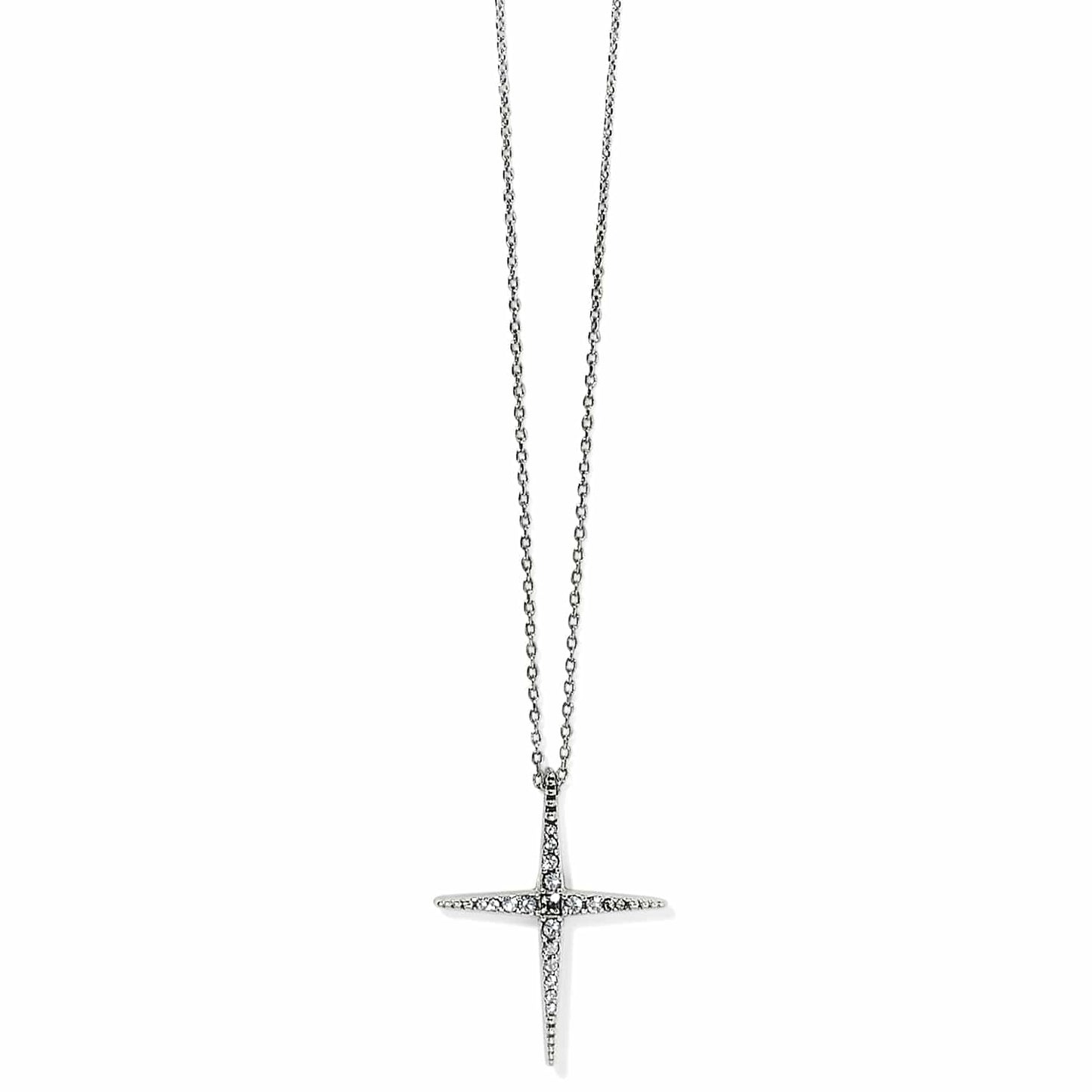 Brighton pendant necklace with silver-plated cross featuring pavé crystals on a delicate chain on a white background