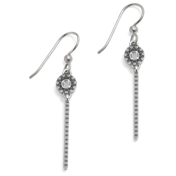 Brighton drop earrings with silver-plated round crystal accents and textured dangling bar pendants on a white background