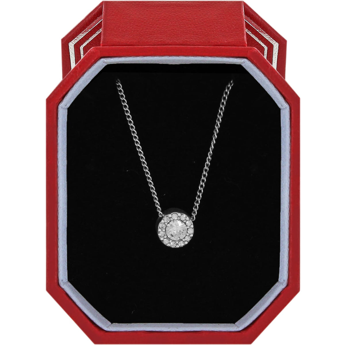 Brighton pendant necklace with round crystal in silver-plated halo setting displayed in red gift box on a white background