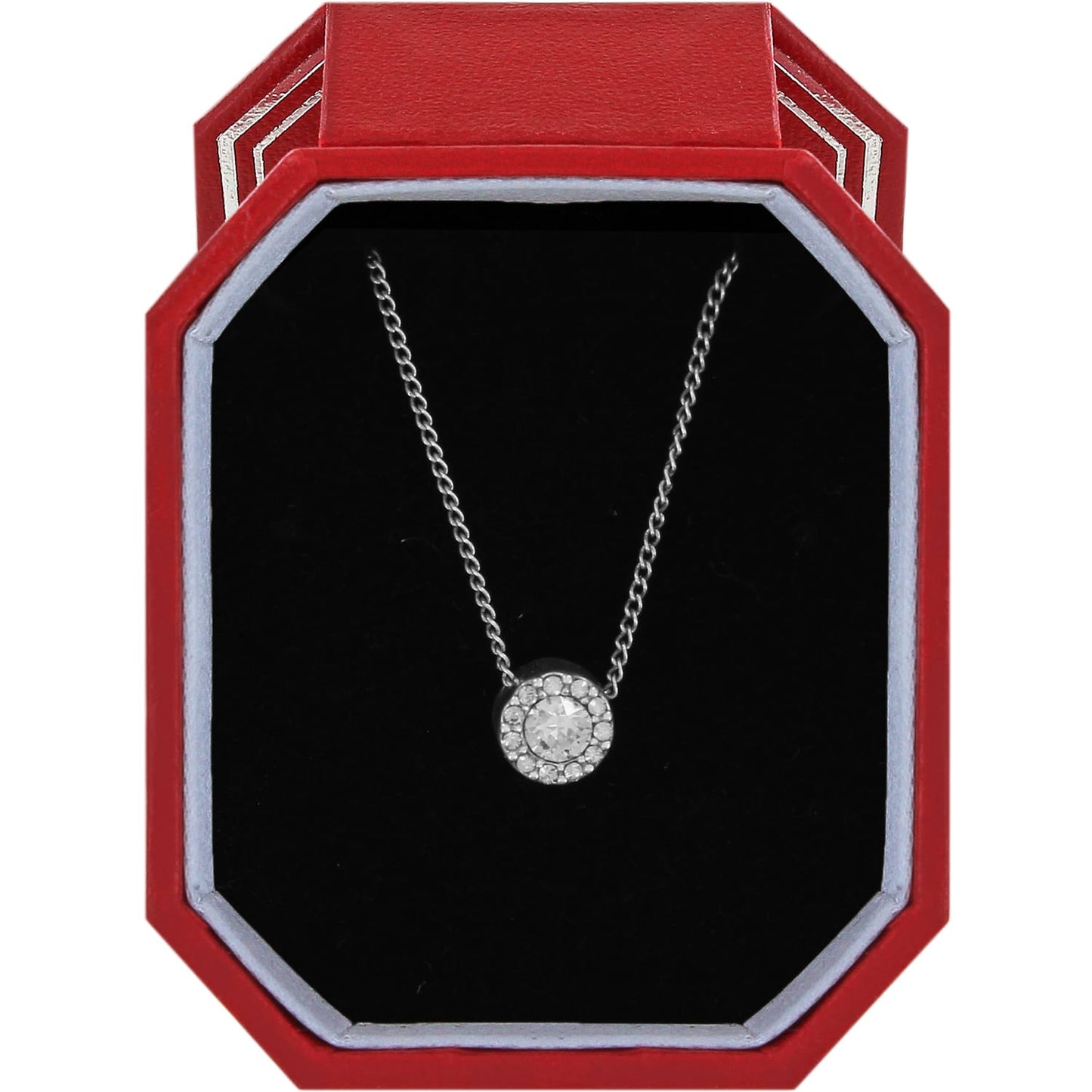 Brighton pendant necklace with round crystal in silver-plated halo setting displayed in red gift box on a white background