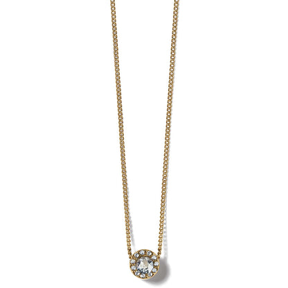 Brighton pendant necklace with gold-plated chain and round crystal pendant surrounded by smaller crystals on a white background