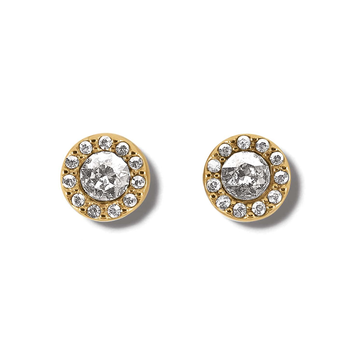 Brighton stud earrings with round crystal centers surrounded by smaller crystals in gold-plated settings on a white background