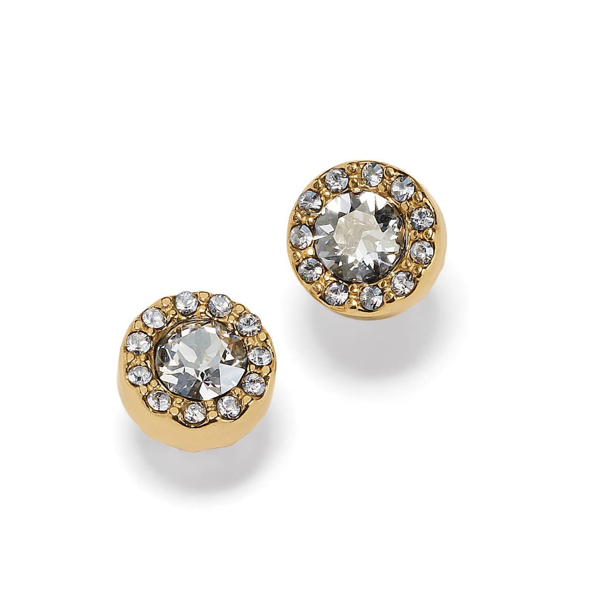 Brighton stud earrings with round crystal centers surrounded by pavé crystal halos in gold-plated settings on a white background