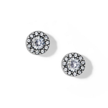 Brighton stud earrings with round center crystals surrounded by smaller crystal halos in silver-tone settings on a white background