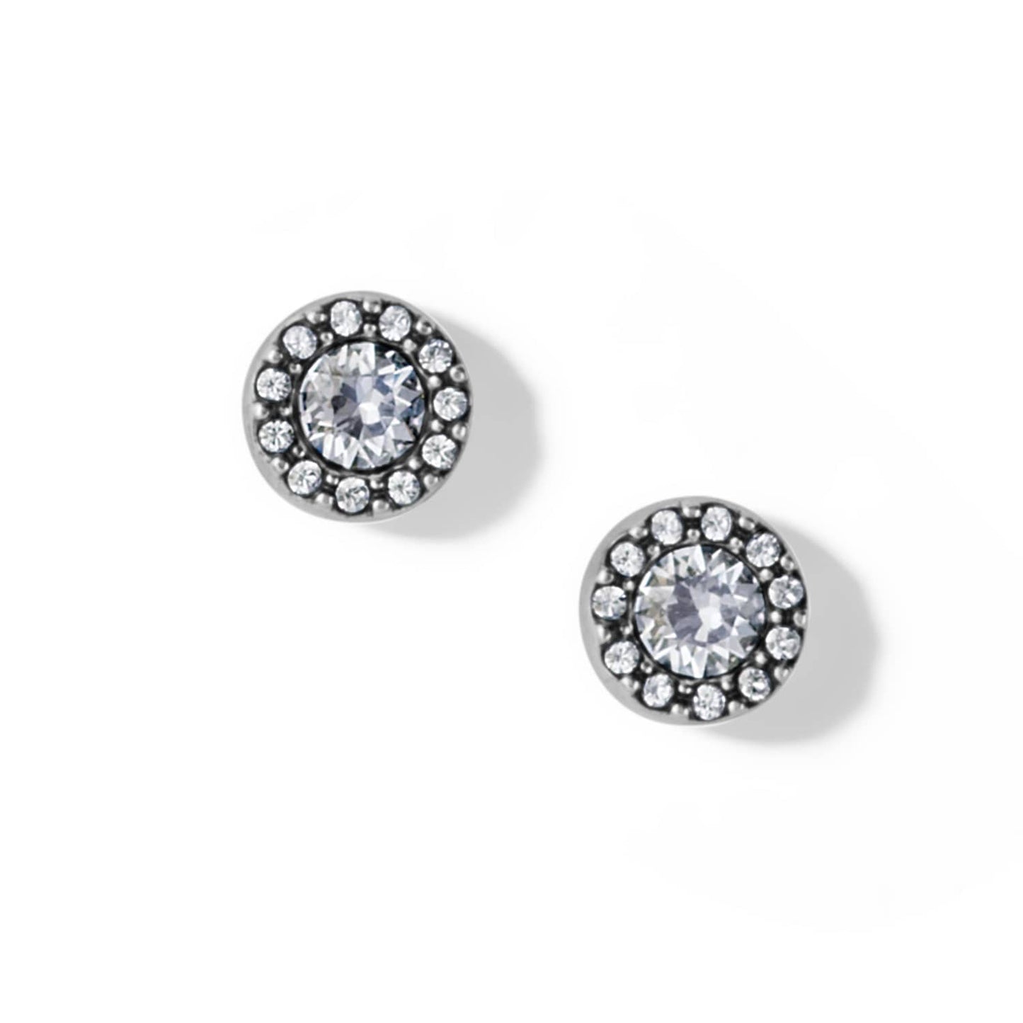 Brighton stud earrings with round center crystals surrounded by smaller crystal halos in silver-tone settings on a white background