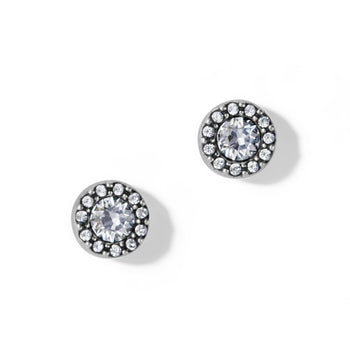Brighton stud earrings with round central crystals surrounded by smaller crystal halos in silver-tone settings on a white background