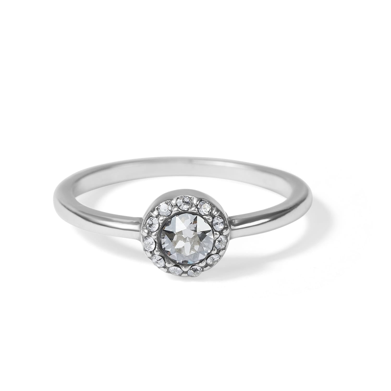 Brighton ring with round crystal center stone surrounded by a halo of smaller crystals on a white background