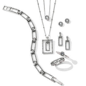 Brighton silver-plated jewelry set styled with matching bracelet, necklaces, earrings, and rings featuring crystal-accented rectangular links