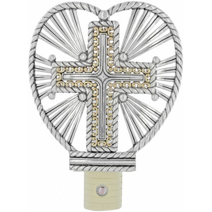 Brighton night light with two-tone cross inside heart-shaped rope frame and radiating silver spokes on a white background