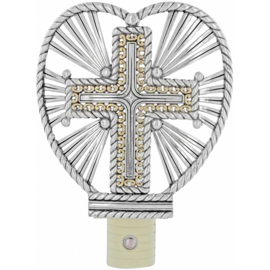 Brighton night light with two-tone cross inside heart-shaped rope frame and radiating silver spokes on a white background