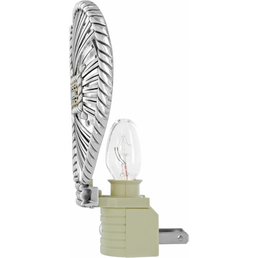 Brighton plug-in night light with silver-tone feather-shaped decorative shade and clear bulb on a white background