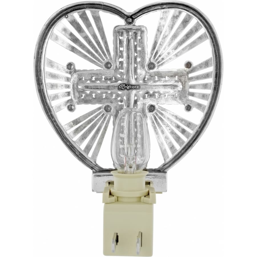 Brighton heart-shaped night light with silver-tone cross design and radiating sunburst pattern on a white background