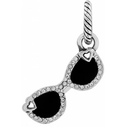 Brighton sunglasses charm with silver-plated frame, black lenses, crystal accents, and heart cutout details on a white background