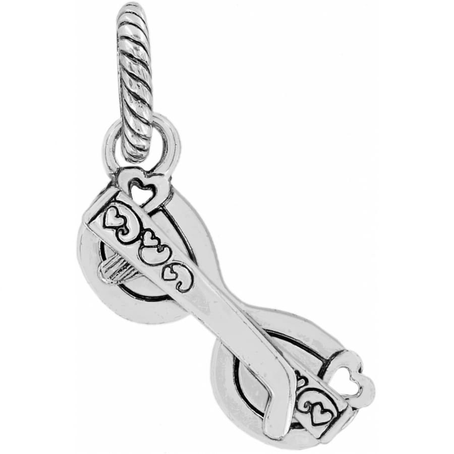 Brighton sunglasses charm with silver-plated finish, heart cutouts, and scroll detailing on a white background