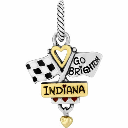 Brighton charm with checkered racing flags, gold heart, and Indiana banner in two-tone finish on a white background