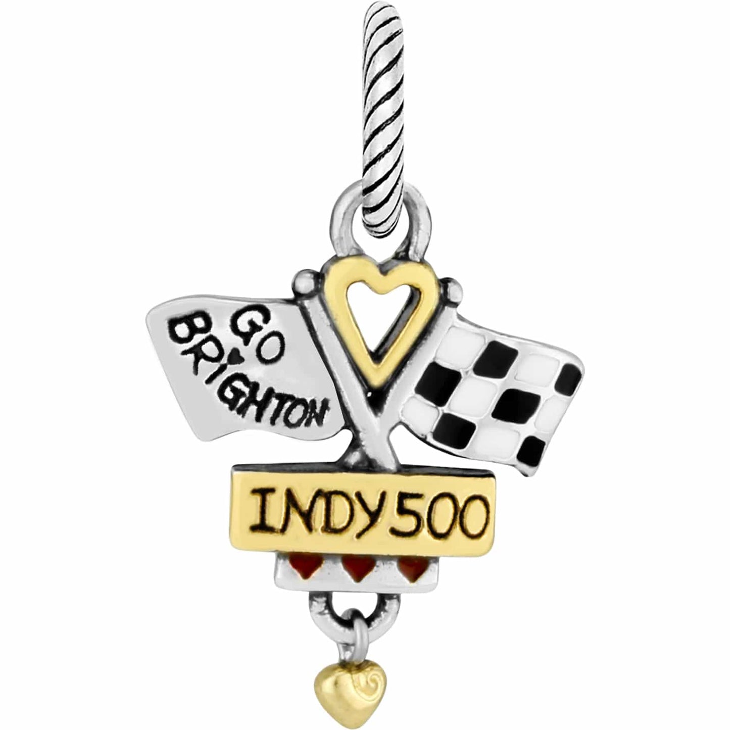 Brighton charm with Indy 500 banner, checkered and Go Brighton racing flags, and gold heart on a white background