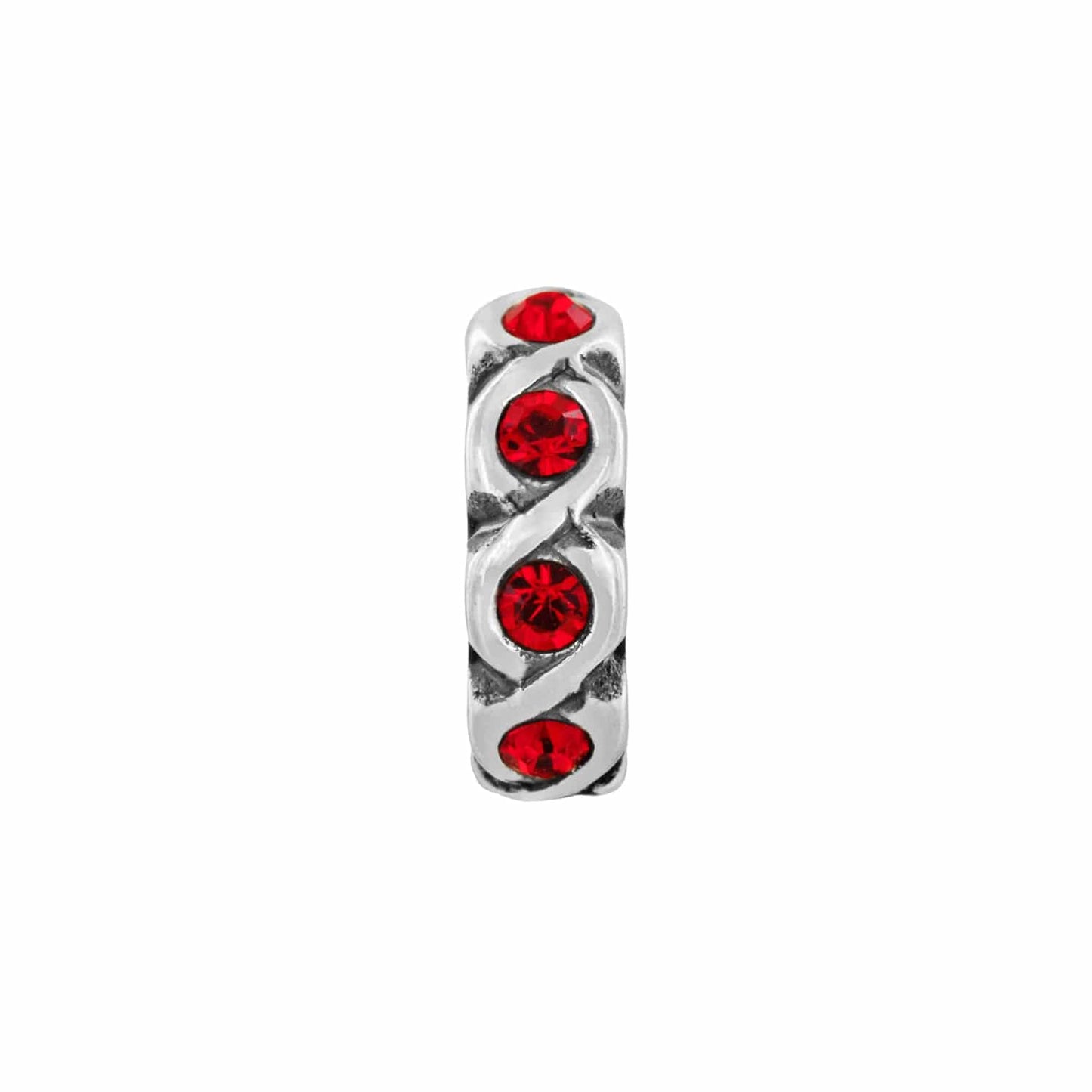 Brighton spacer charm with red crystals set in silver-tone braided design on a white background