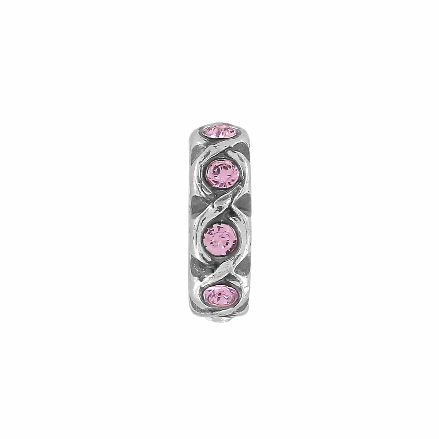 Brighton spacer charm with pink crystal accents and silver-tone twisted infinity design on a white background