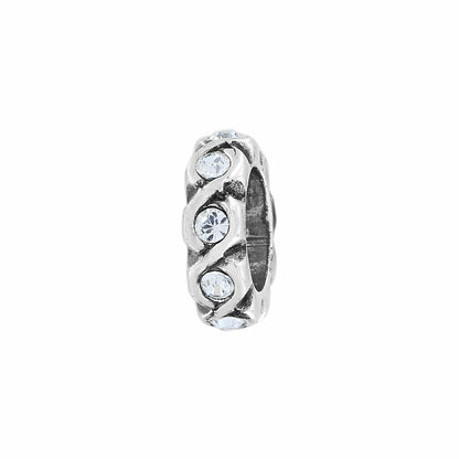 Brighton spacer charm with silver-tone swirl design and inset crystal accents around the band on a white background