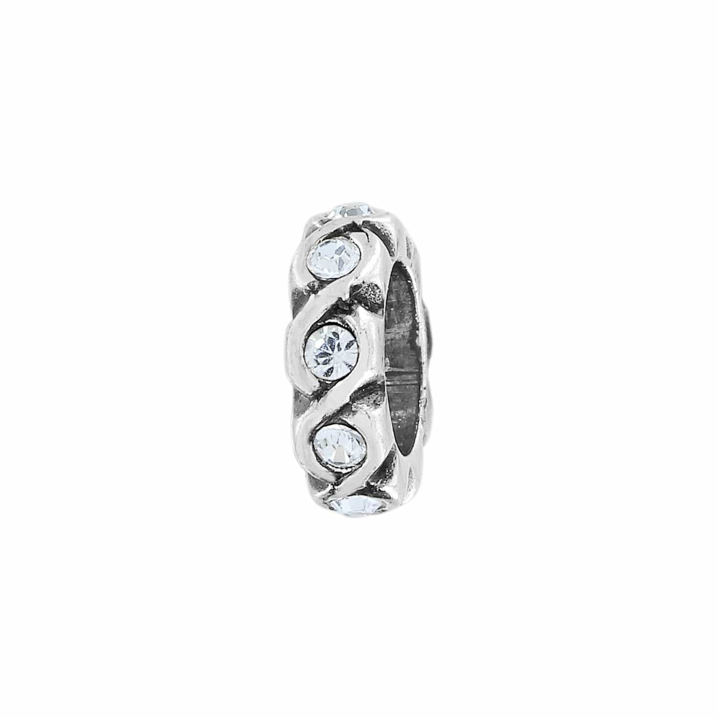 Brighton spacer charm with silver-tone swirl design and inset crystal accents around the band on a white background