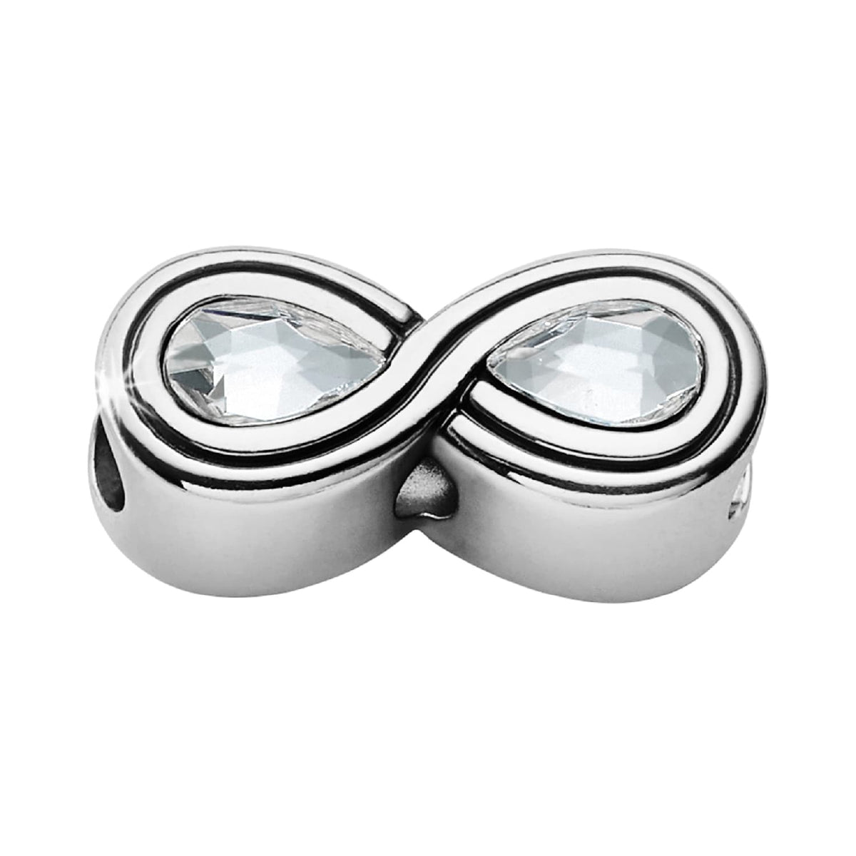 Brighton infinity charm with silver-plated finish and two faceted crystal teardrop stones on a white background