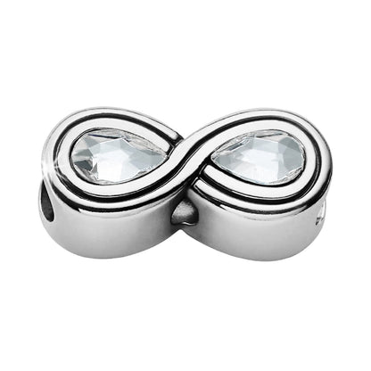 Brighton infinity charm with silver-plated finish and two faceted crystal teardrop stones on a white background