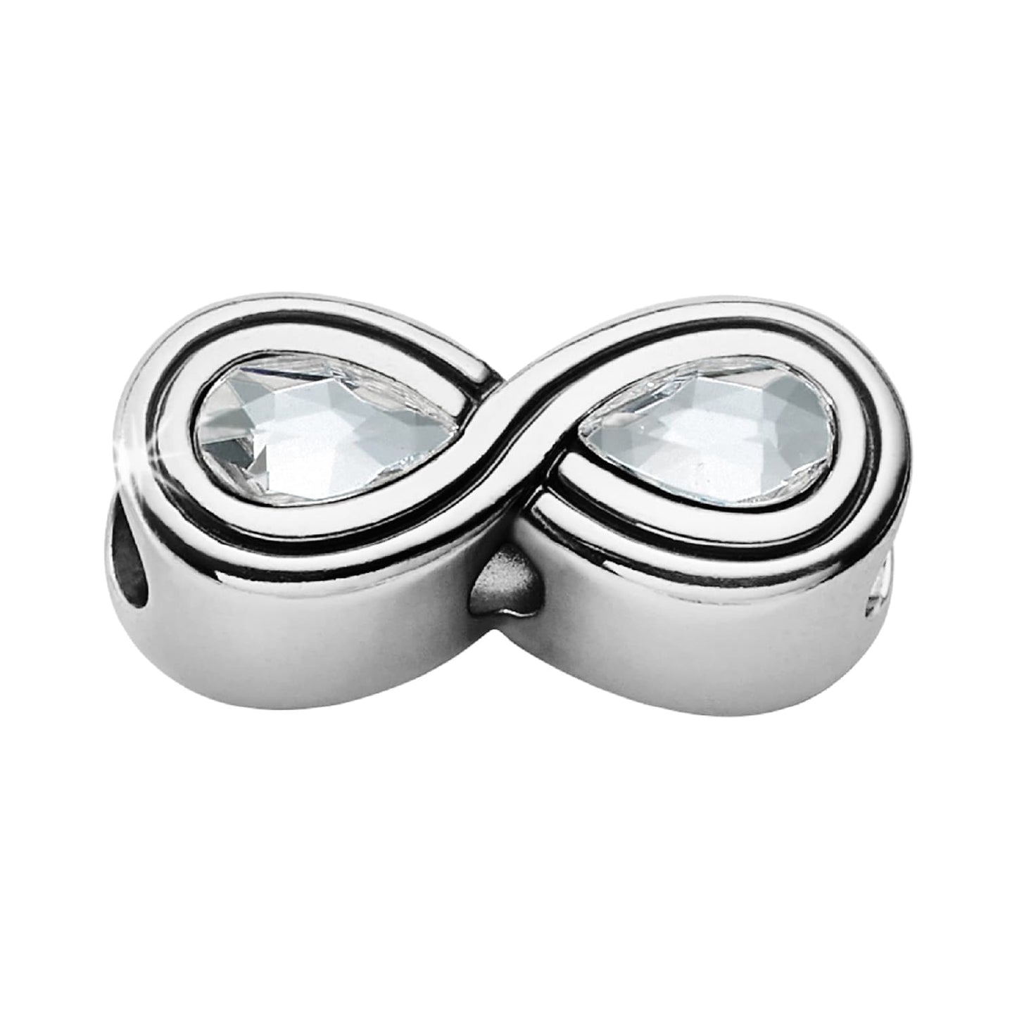 Brighton infinity charm with silver-plated finish and two faceted crystal teardrop stones on a white background