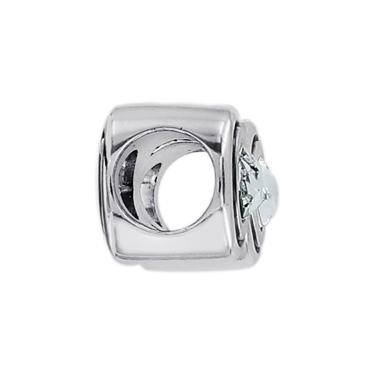 Brighton silver-plated bead charm with cut-out crescent moon design and crystal star accent on a white background