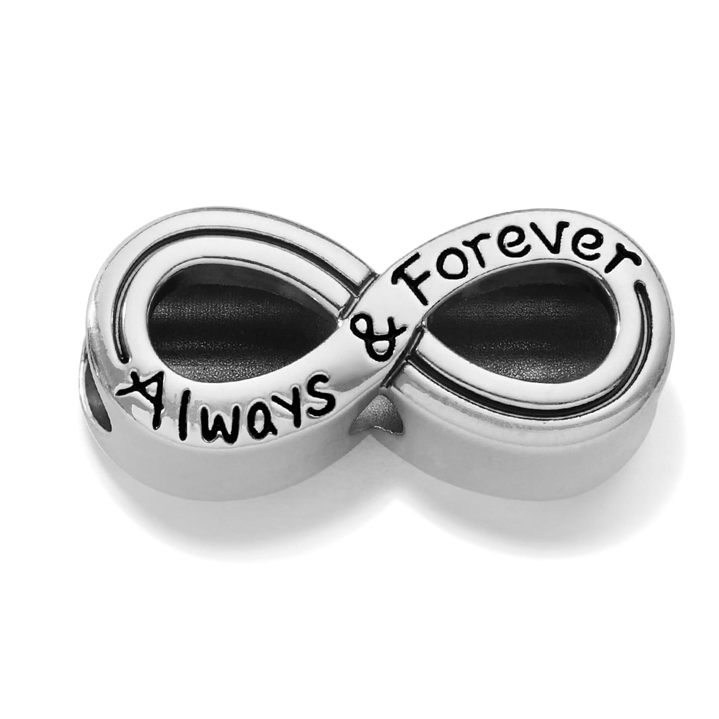Brighton infinity charm with silver-plated finish and engraved Always and Forever script on a white background