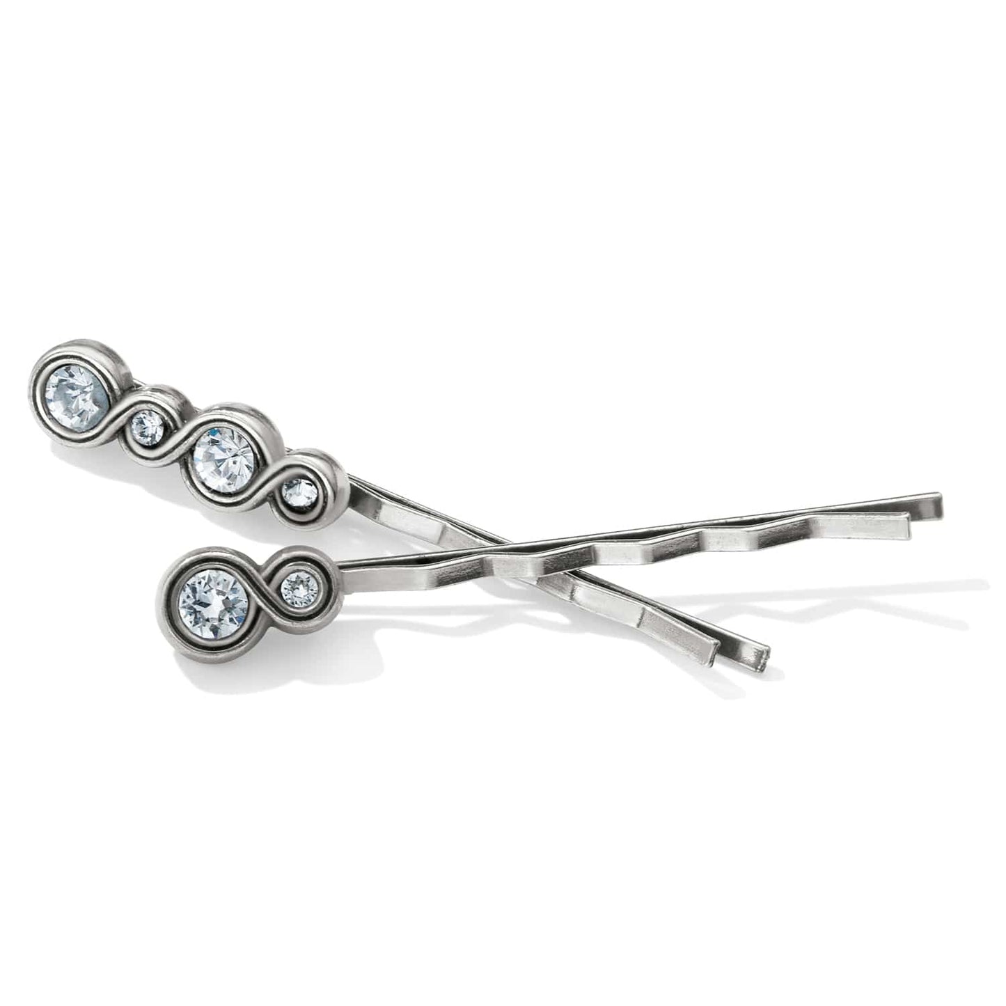 Brighton silver-plated hair pins with circular crystal accents in graduated sizes on a white background