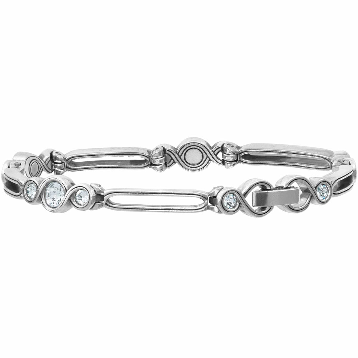 Brighton silver-plated link bracelet with crystal accents and infinity-shaped stations on a white background