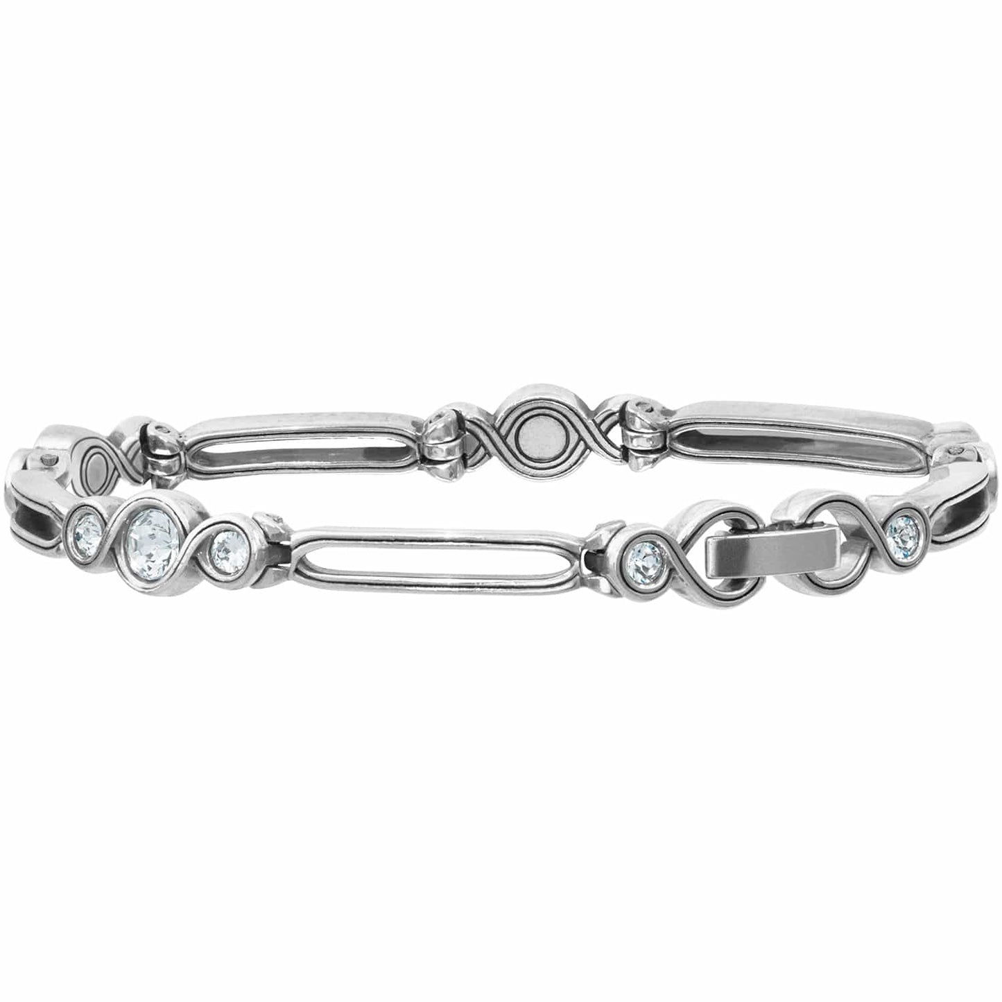 Brighton silver-plated link bracelet with crystal accents and infinity-shaped stations on a white background