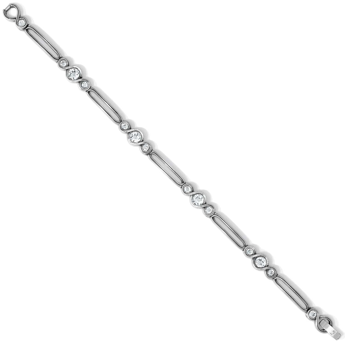 Brighton silver-plated link bracelet with round crystal stones and elongated open links on a white background