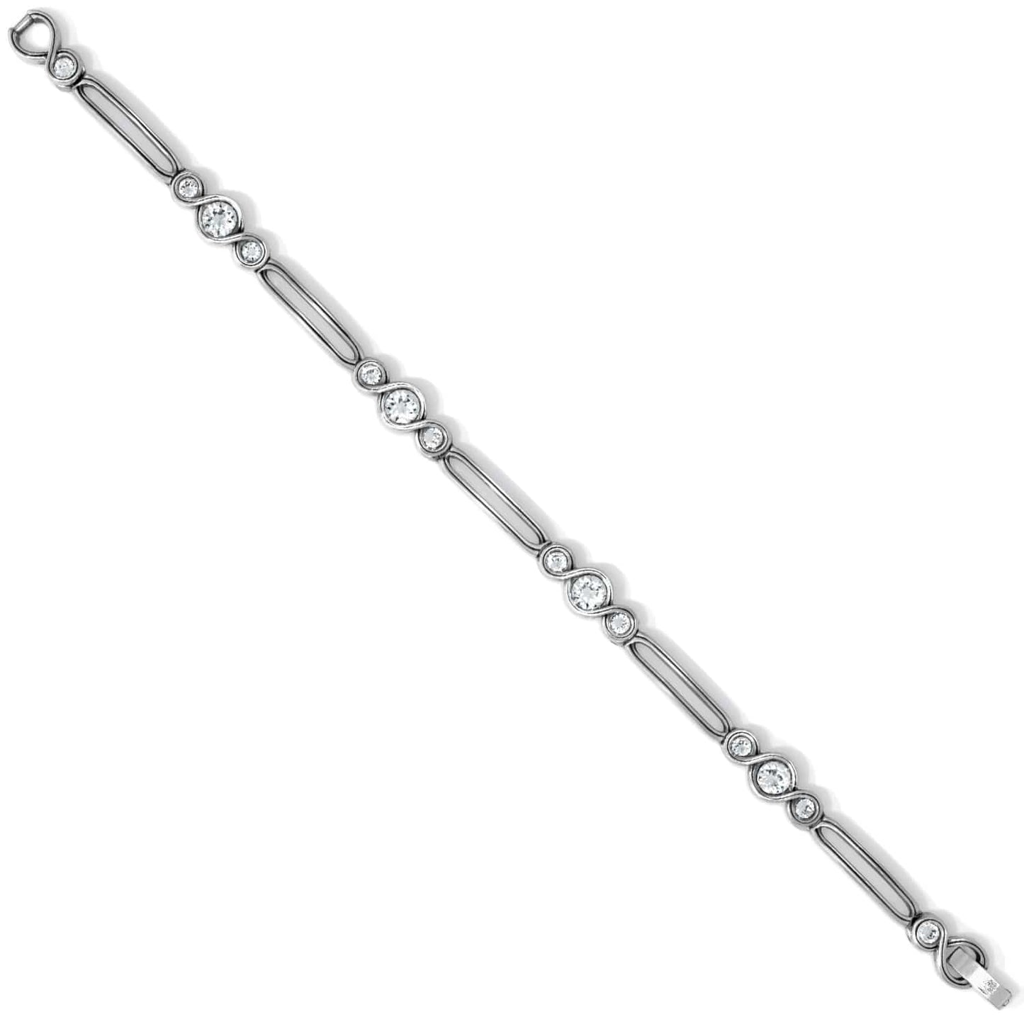 Brighton silver-plated link bracelet with round crystal stones and elongated open links on a white background