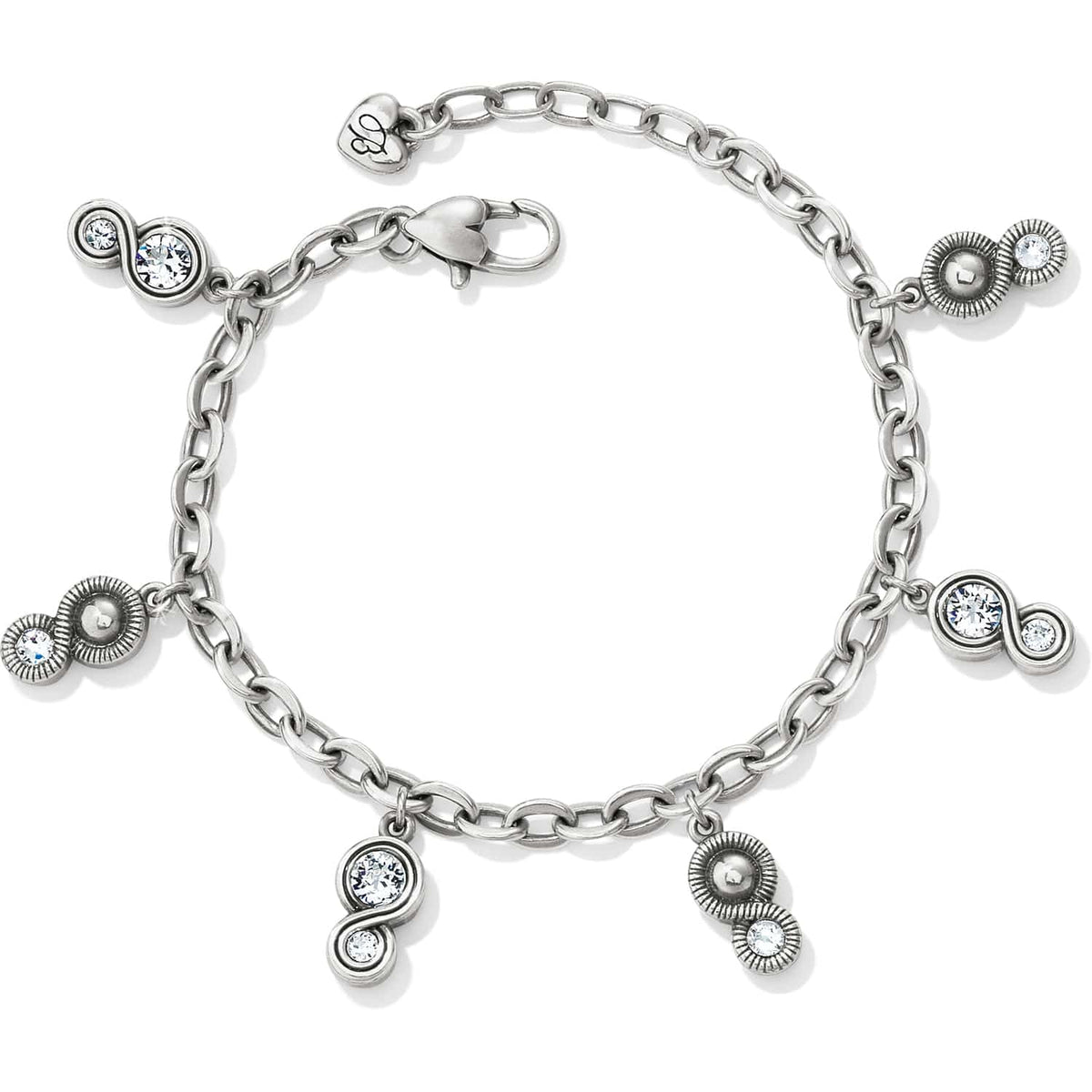 Brighton silver-plated charm bracelet with dangling crystal and textured swirl charms and lobster clasp on a white background