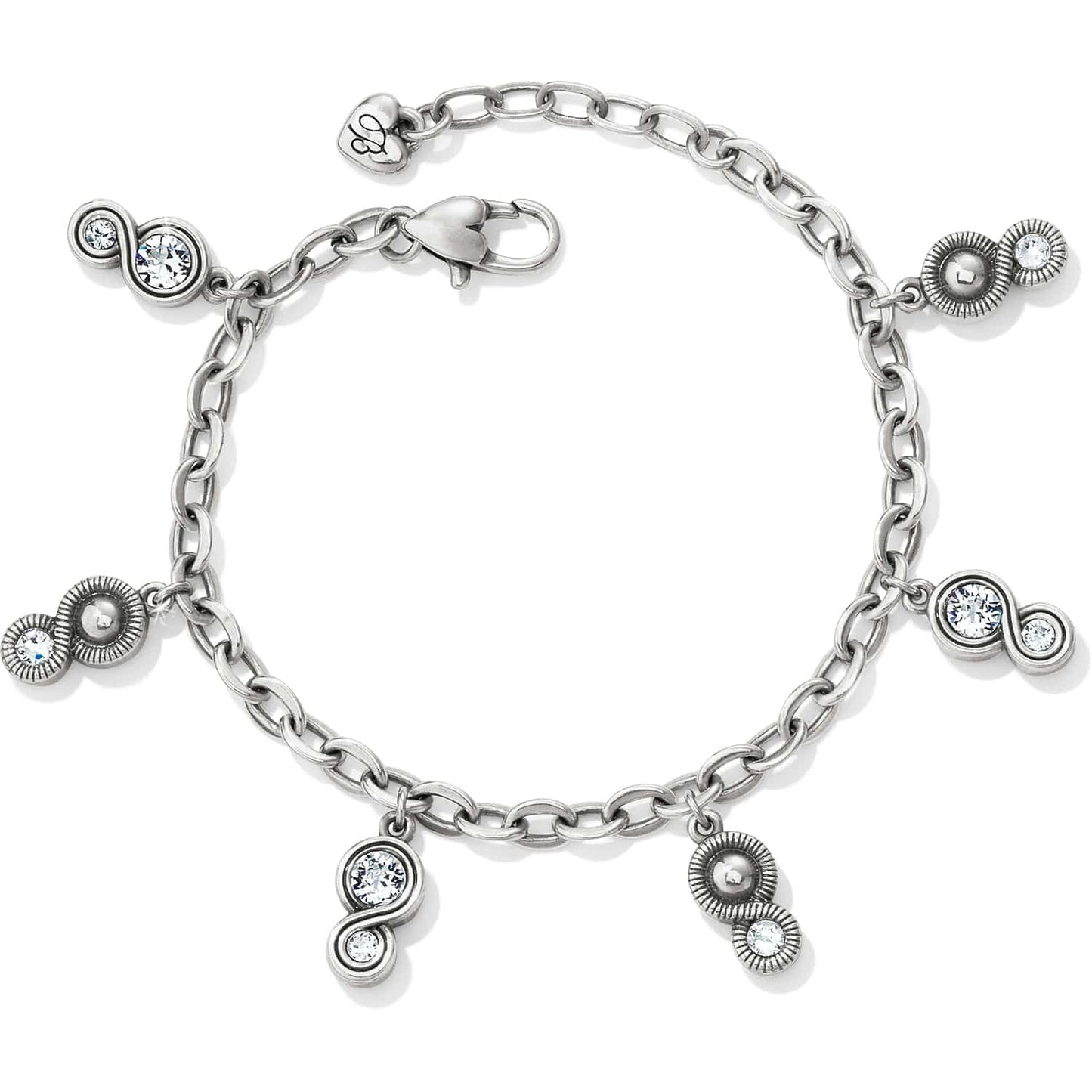 Brighton silver-plated charm bracelet with dangling crystal and textured swirl charms and lobster clasp on a white background